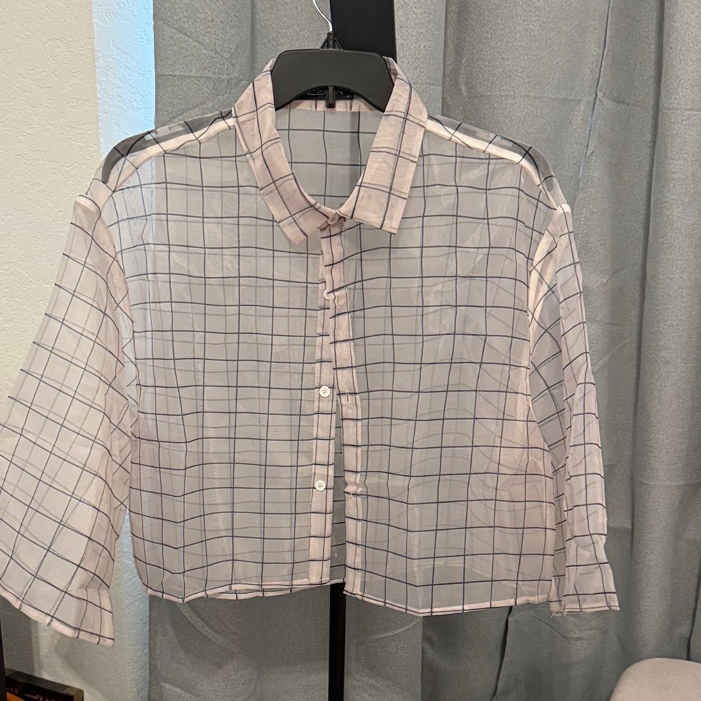 Transparent Cropped Checkered Button-Up Blouse! S… - image 1